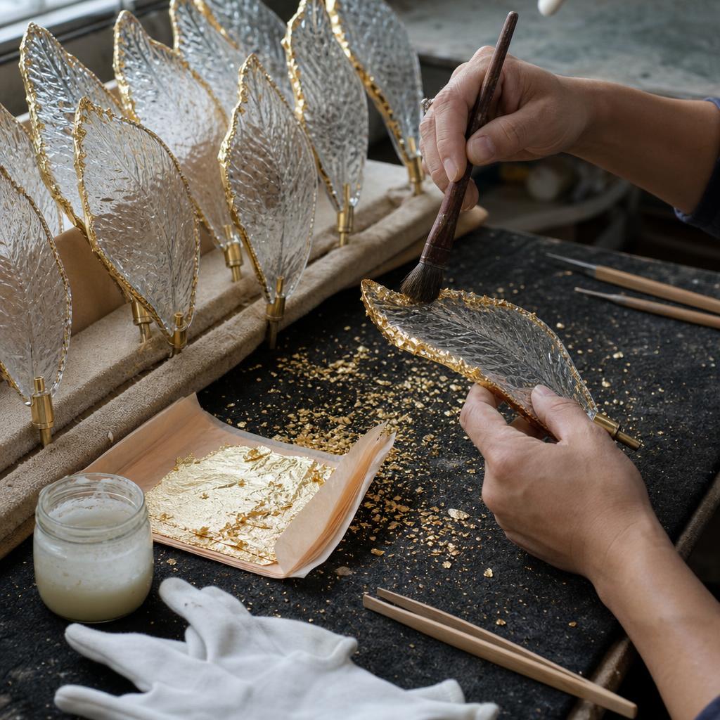 Applying gold leaf to the rim of a textured glass leaf