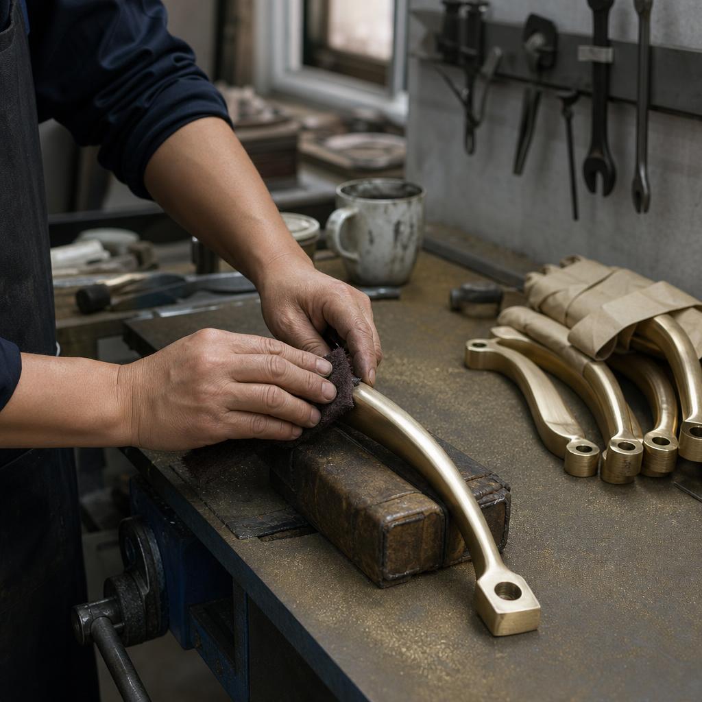 Brushing a satin finish onto a curved brass arm