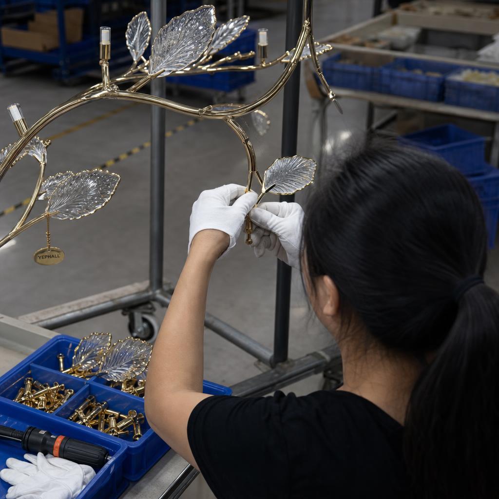 Final assembly of gilded leaves onto a polished brass branch