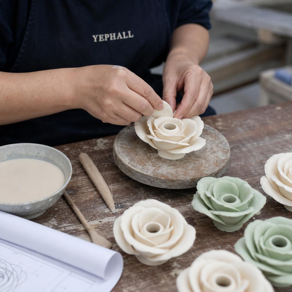 Building a bone-china rose petal by petal by hand