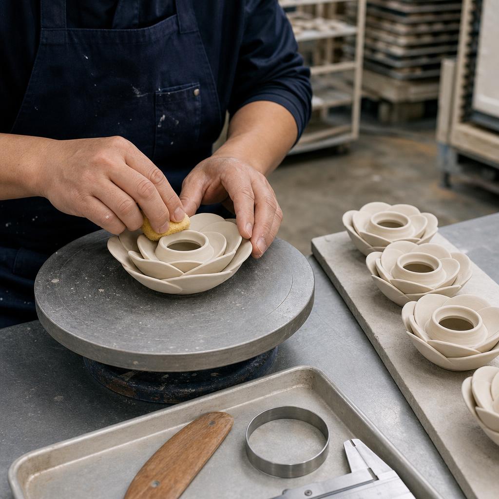 Refining a porcelain camellia bloom on the banding wheel