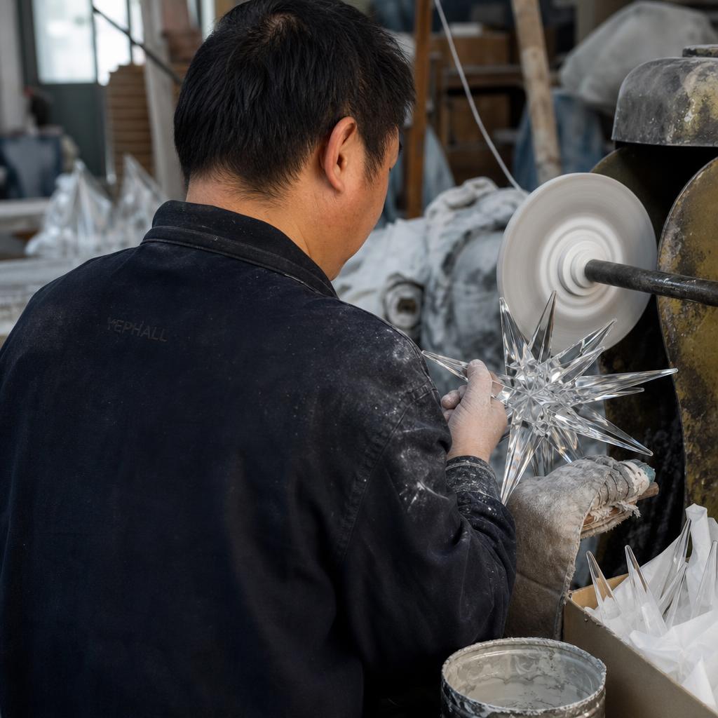 Polishing a crystal starburst on the buffing wheel