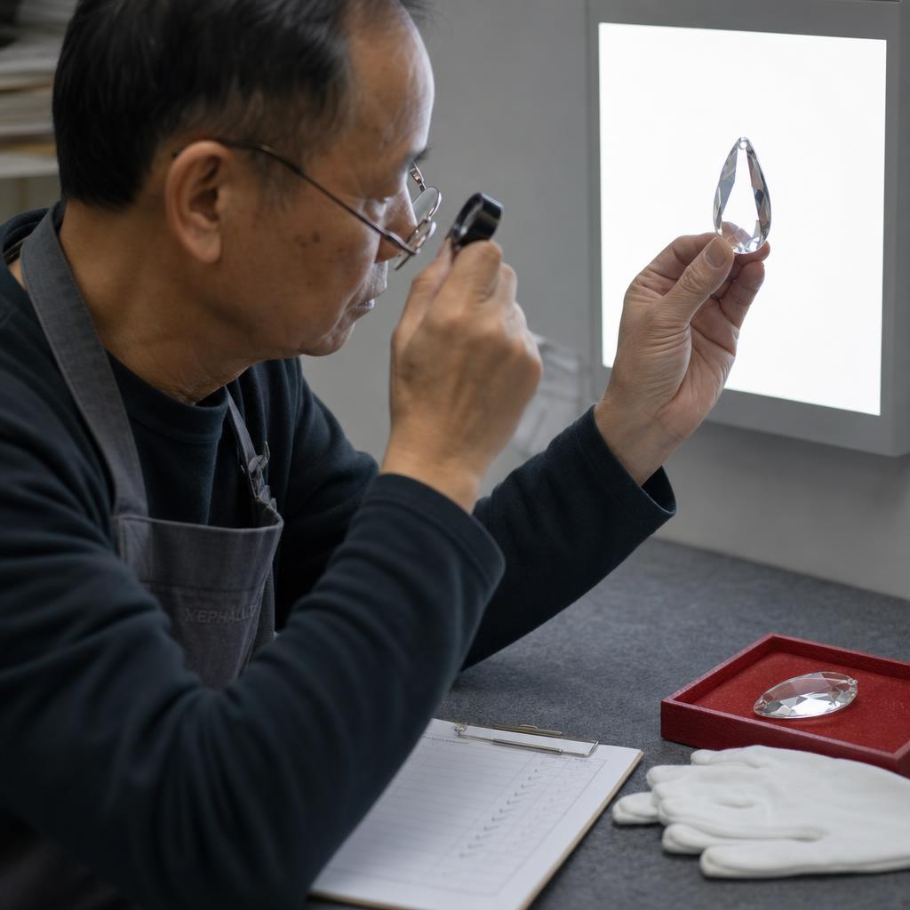 Master inspecting a faceted crystal drop against a light panel