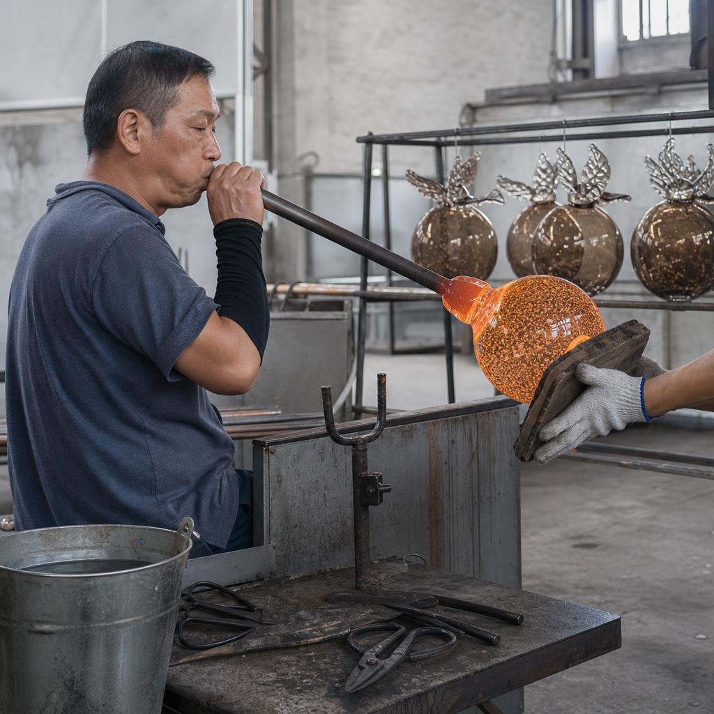 Shaping a glowing amber sphere in a wooden block mould