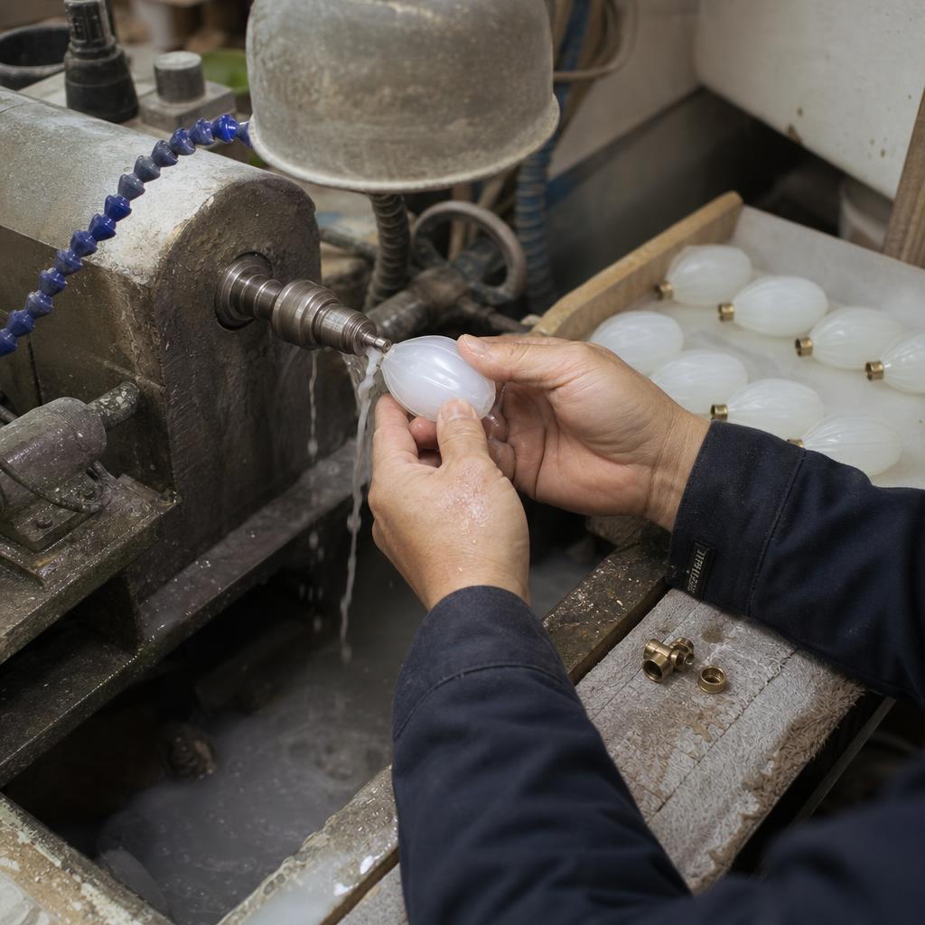 Cold-carving flute lines into a frosted glass bud on the lathe