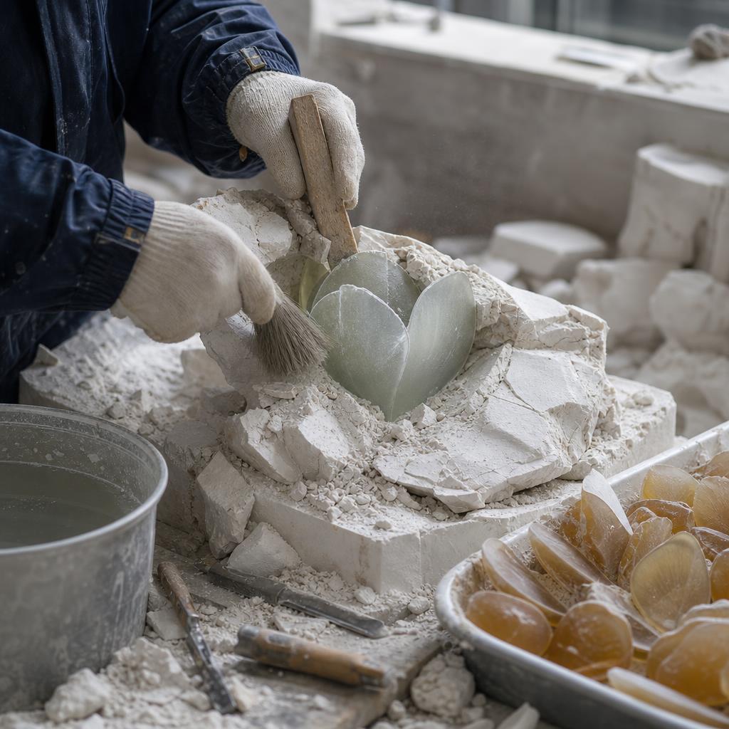 Breaking away the plaster mould to reveal a cast glass petal