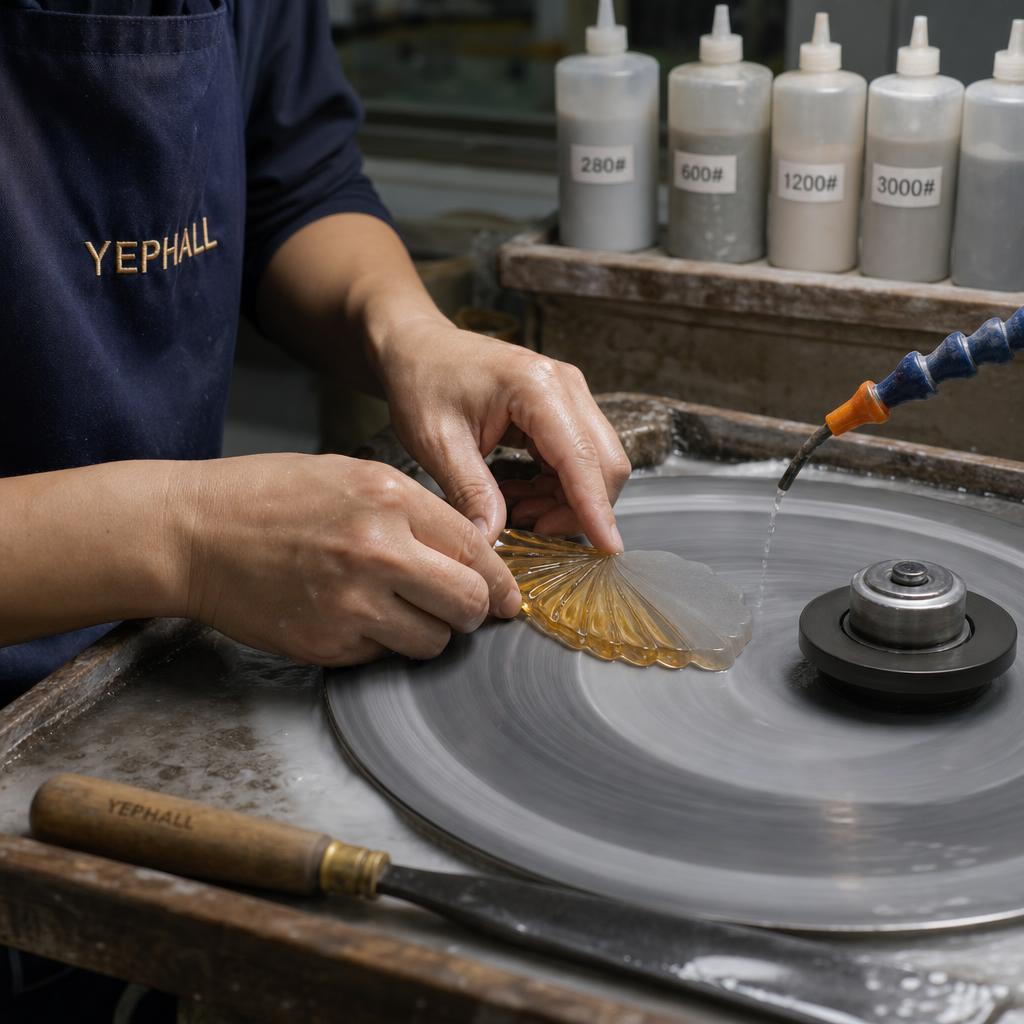 Polishing a translucent amber cast-glass petal on the flat lap