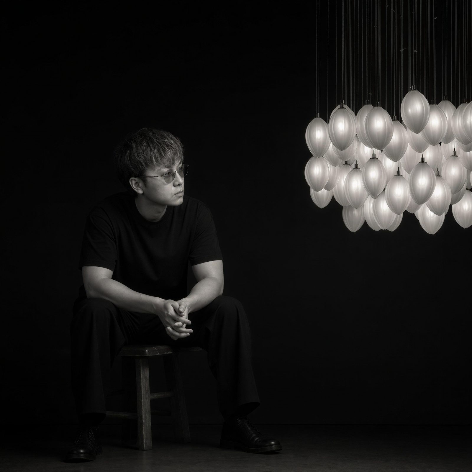 Jiancheng Tang, founder and chief designer of YEPHALL, seated before a chandelier of frosted glass buds