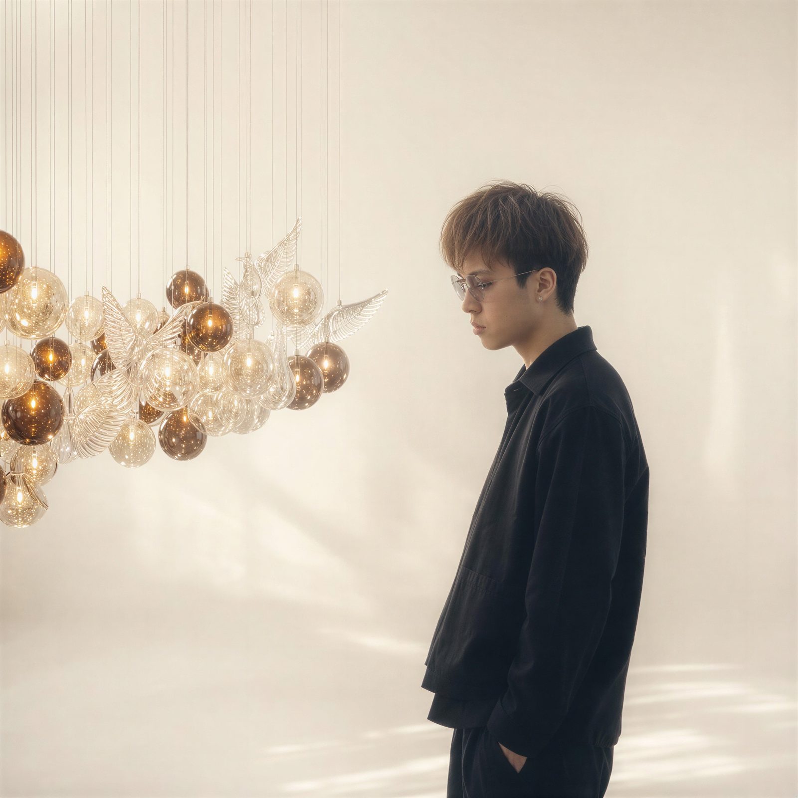 Jiancheng Tang standing before a chandelier of amber seeded-glass spheres
