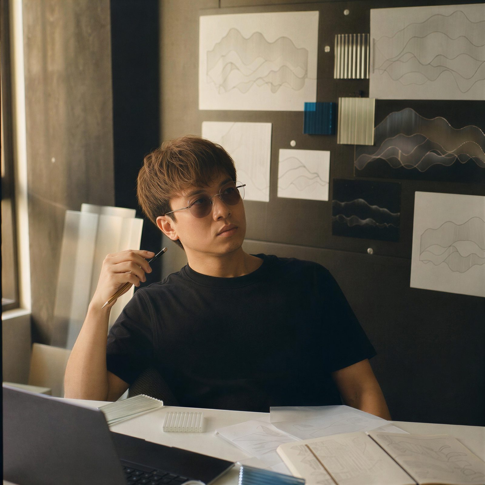 Thinking before a wall of concept sketches and material samples