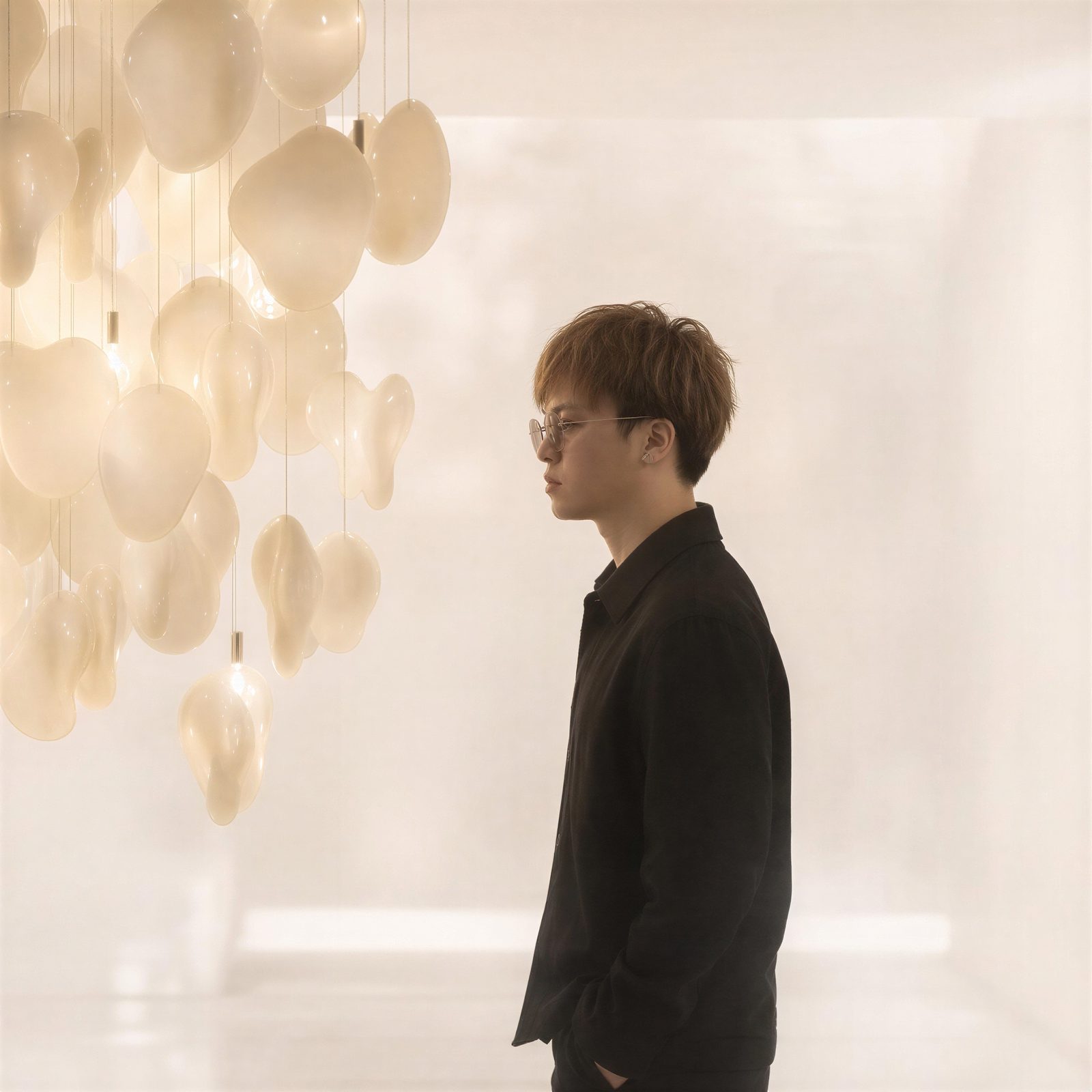 Standing before a cloud of white petals